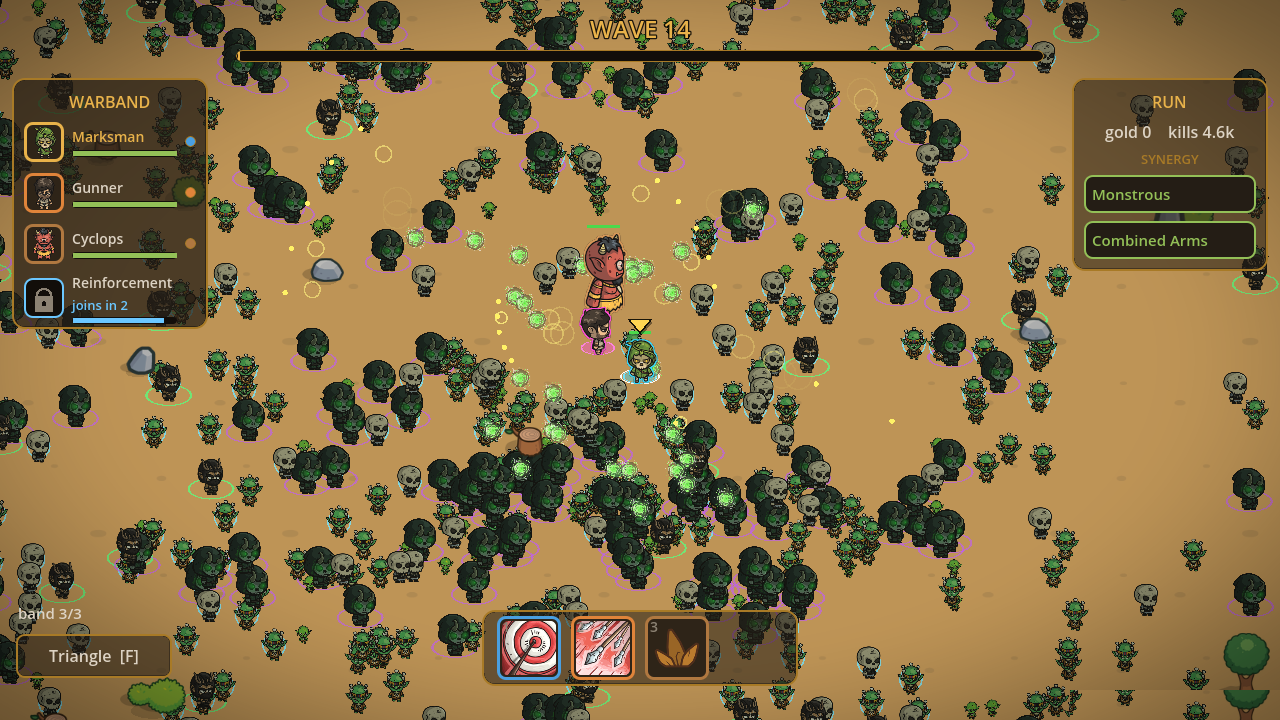 Wave 14: the warband holds the center behind its giant as the horde presses in, synergies lit