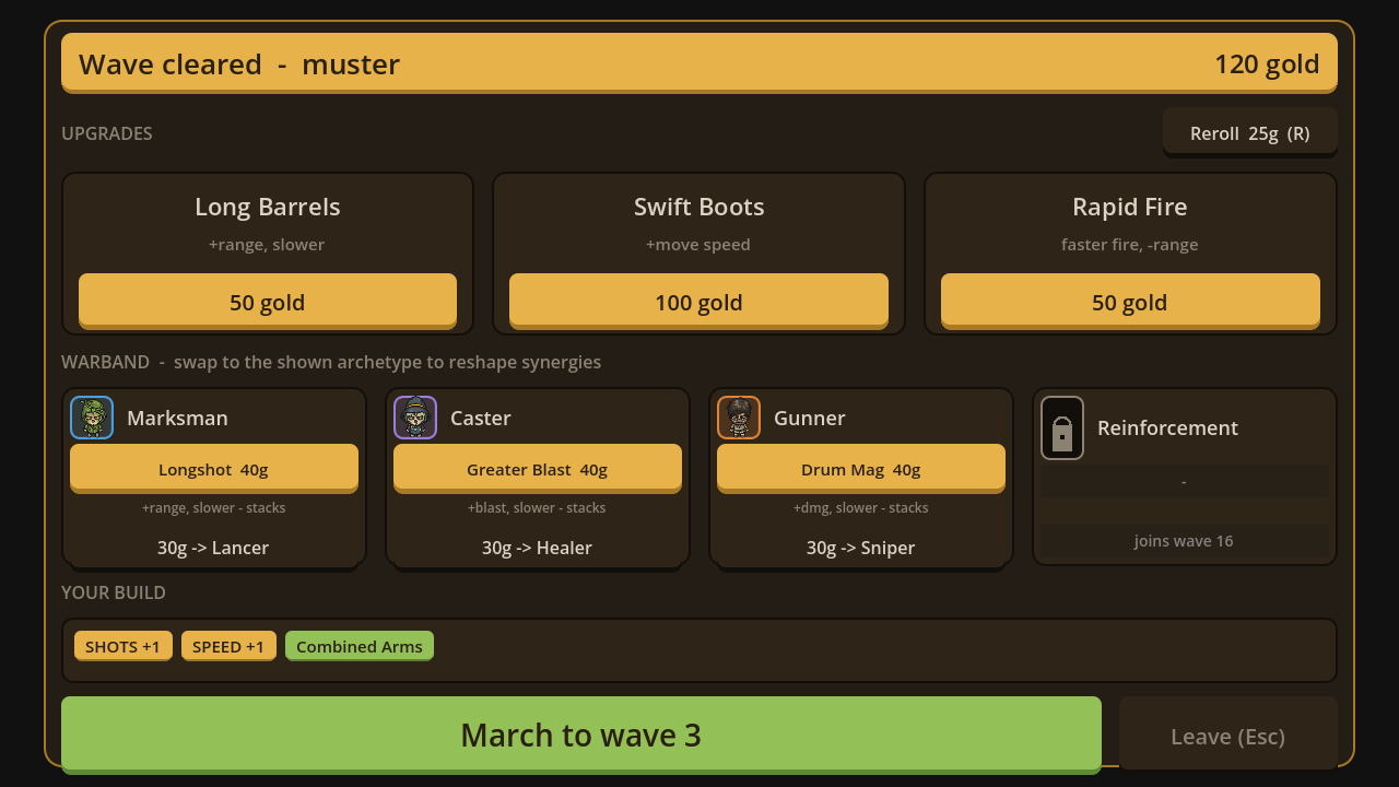 Between-wave muster: buy upgrades, swap archetypes, reshape synergies